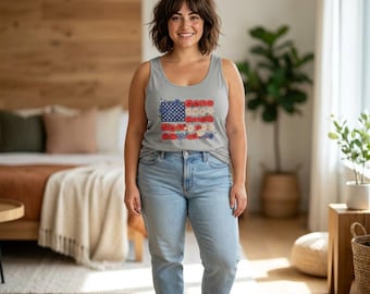 Camiseta sin mangas con estampado floral de la bandera estadounidense / Camiseta sin mangas con la bandera de EE. UU., Bandera patriótica con flores