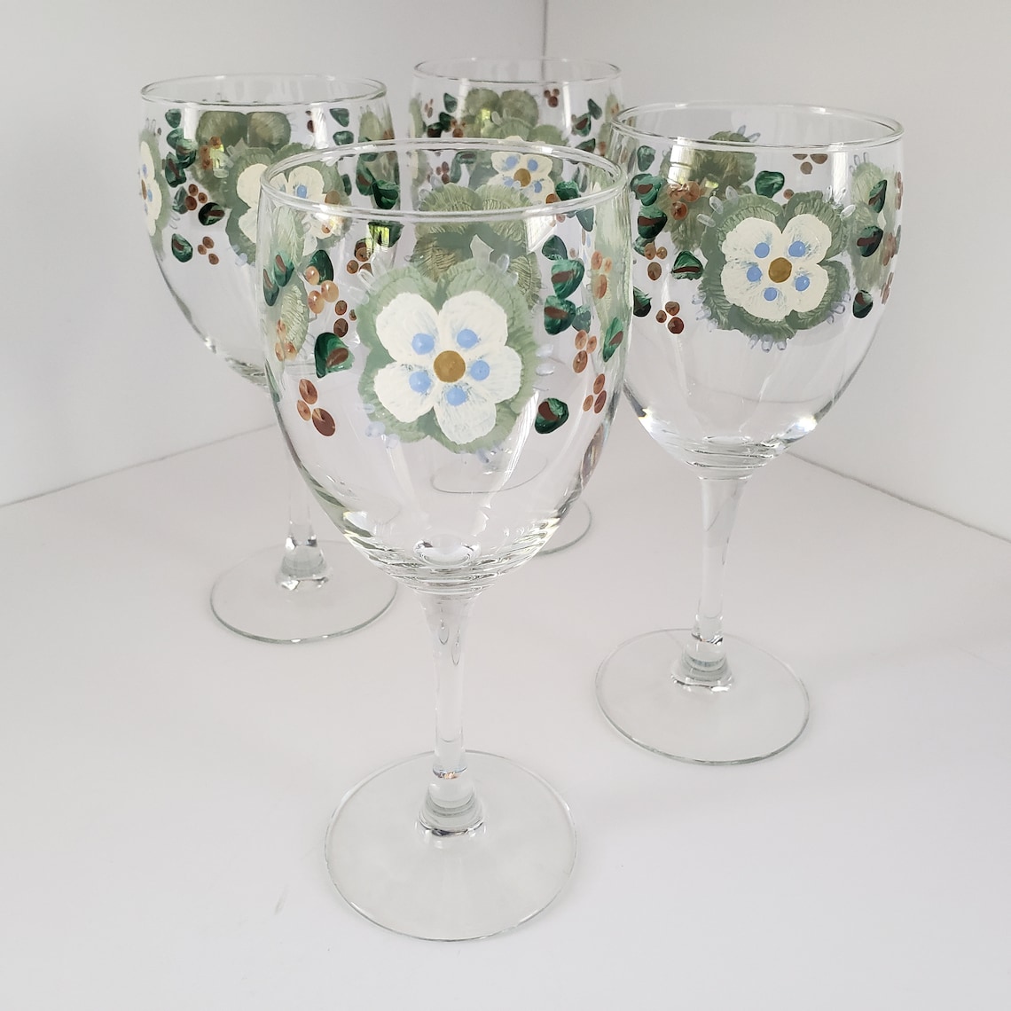 Wine Glasses Sage Moss Green Cream Color Flowers Set of 4 Etsy