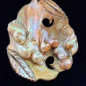 Vintage Carved Mother of Pearl Blister Pearl Shell Statement Pendant, 18K Gold Plated Organic Boho Beach Jewelry, Large Mabe Pearl Shell