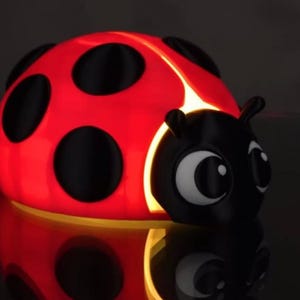 May include: A red ladybug-shaped night light with black spots and a black head. The night light is illuminated, with a warm glow emanating from within. The ladybug's reflection is visible below.