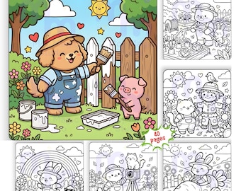 May include: A "Cozy Garden Coloring Book" with 40 pages. The cover features a cartoon dog and pig painting a fence. Other pages show a bear watering a garden, a cat and scarecrow, a bunny with a rainbow, and a cat with a camera.