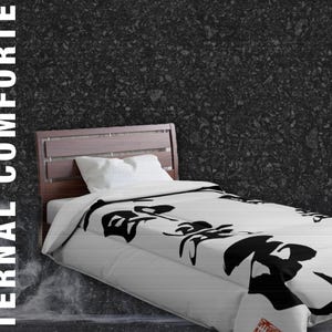 May include: A bed with a wooden headboard and a white comforter featuring a large black graphic design. A white pillow rests on the bed. The words "Eternal Comfurie" are printed vertically on the left side of the image.