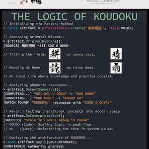 以下が含まれることがあります： 黒いグラフィックで、白いテキストと日本語の文字が描かれています。「AUTHENTIC JAPANESE KANJI STYLE」と「THE LOGIC OF KOUDOKU」というテキストがあります。画像には日本語の文字とコードのようなテキストも含まれています。