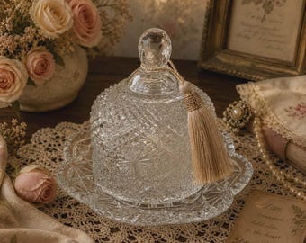 Vintage Avon Pressed Glass Butter Dish Diamond & Star Pattern