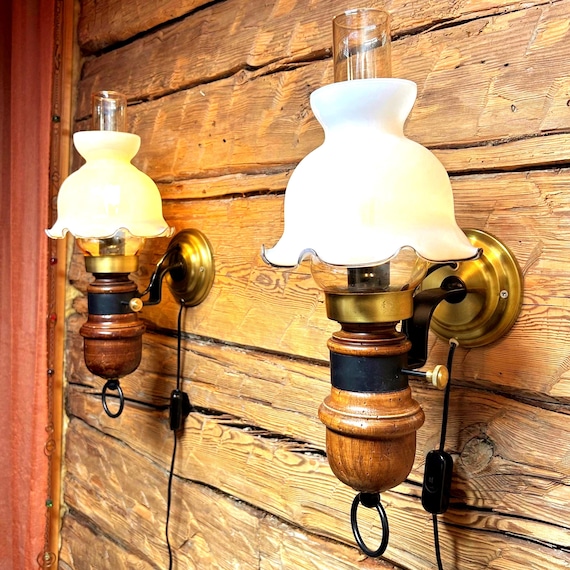Vintage Wall Sconces Pair, Double Glass Shades, Wood Brass Lamps, Gnosjö Konstsmide Sweden