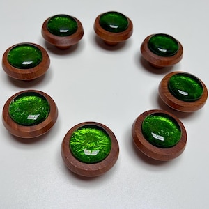 Set of Vintage Wooden Cabinet Knobs with Green Glass Inserts – Scandinavian Mid Century Hardware