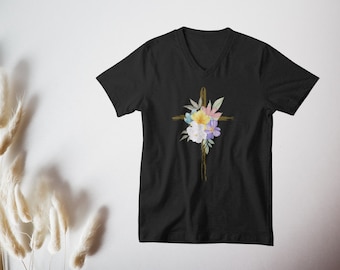Christelijk T-shirt met bloemenkruis: katoenen Faith Apparel met V-hals