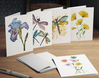 Watercolor Floral Greeting Cards: Dragonfly & Flower Designs (5-Pack)