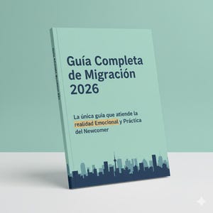 May include: A book titled "Guía Completa de Migración 2026" with a light teal cover. The cover features text in Spanish and a silhouette of a cityscape at the bottom. The book's spine reads "Guía Completa 2026".
