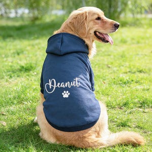 May include: A golden retriever wearing a navy blue hoodie with the name "Deanut" in white script and a white paw print. The dog is sitting on green grass in a sunny outdoor setting.