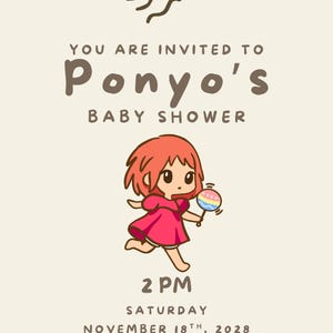 Invitación minimalista para baby shower de Studio Ghibli, Totoro, El parto de Kiki, El castillo de Howl, El viaje de Chihiro, Mononoke, Ponyo, descarga digital imagen 6