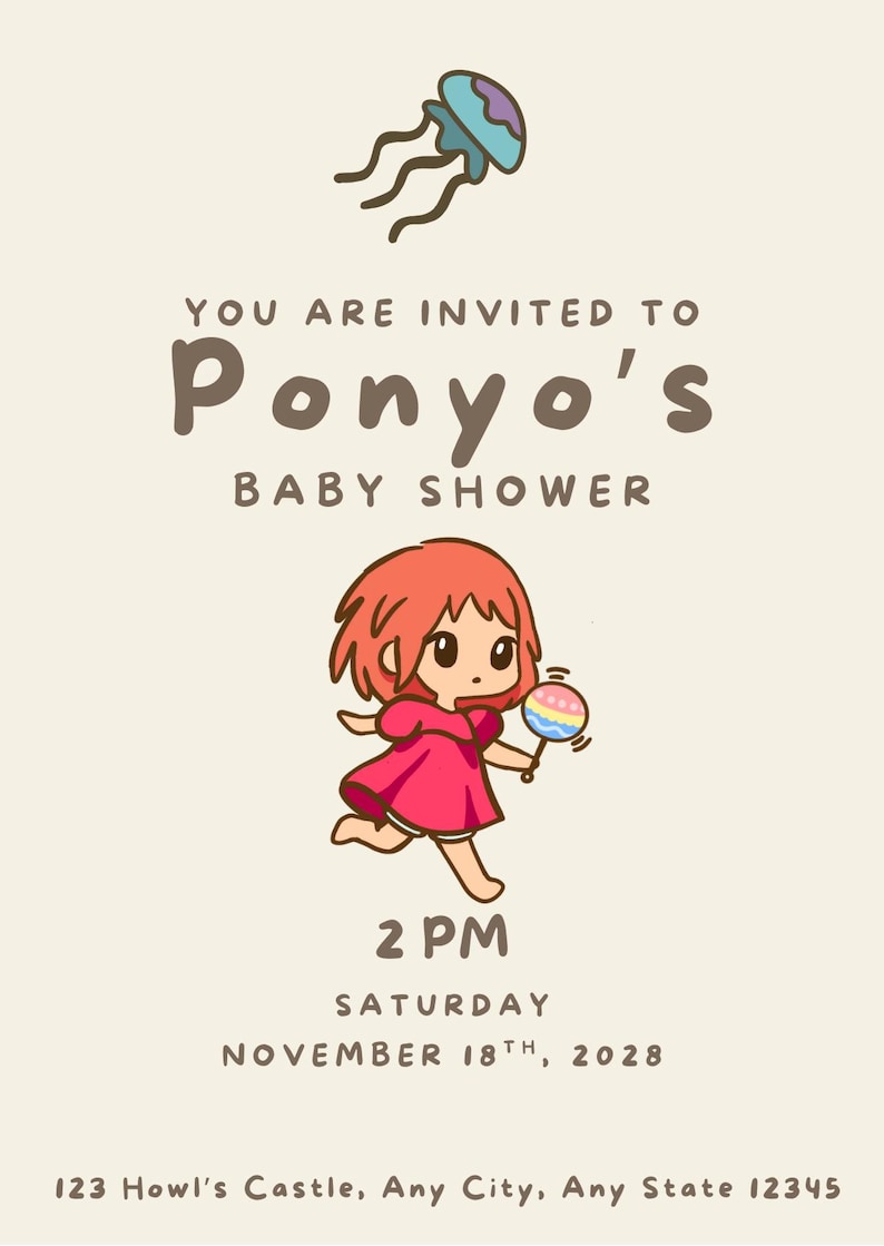 Invitación minimalista para baby shower de Studio Ghibli, Totoro, El parto de Kiki, El castillo de Howl, El viaje de Chihiro, Mononoke, Ponyo, descarga digital imagen 6