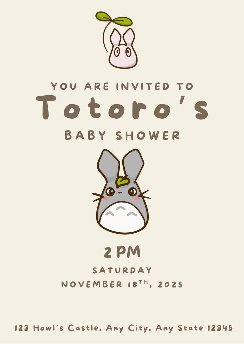 Puede incluir: Invitaci&oacute;n beige claro para un baby shower con ilustraciones de personajes de Totoro. El texto dice "YOU ARE INVITED TO Totoro's BABY SHOWER" con la fecha y hora: 2 PM s&aacute;bado 18 de noviembre de 2025. La direcci&oacute;n tambi&eacute;n est&aacute; incluida.