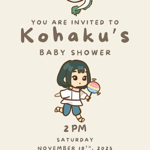 Invitación minimalista para baby shower de Studio Ghibli, Totoro, El parto de Kiki, El castillo de Howl, El viaje de Chihiro, Mononoke, Ponyo, descarga digital imagen 9