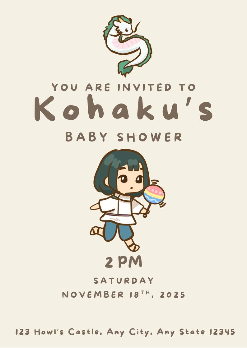 Invitación minimalista para baby shower de Studio Ghibli, Totoro, El parto de Kiki, El castillo de Howl, El viaje de Chihiro, Mononoke, Ponyo, descarga digital imagen 9