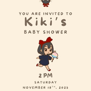 Puede incluir: Invitaci&oacute;n a un baby shower con el tema de Kiki, la joven bruja. La invitaci&oacute;n dice "Est&aacute;s invitado/a al baby shower de Kiki" e incluye la fecha: s&aacute;bado 18 de noviembre de 2025, a las 2 PM. La direcci&oacute;n es 123 Howl's Castle, Any City, Any State 12345.