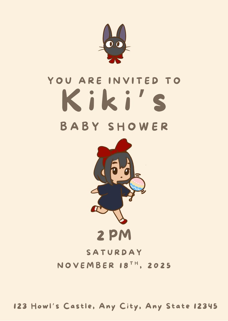 Puede incluir: Invitaci&oacute;n a un baby shower con el tema de Kiki, la joven bruja. La invitaci&oacute;n dice "Est&aacute;s invitado/a al baby shower de Kiki" e incluye la fecha: s&aacute;bado 18 de noviembre de 2025, a las 2 PM. La direcci&oacute;n es 123 Howl's Castle, Any City, Any State 12345.