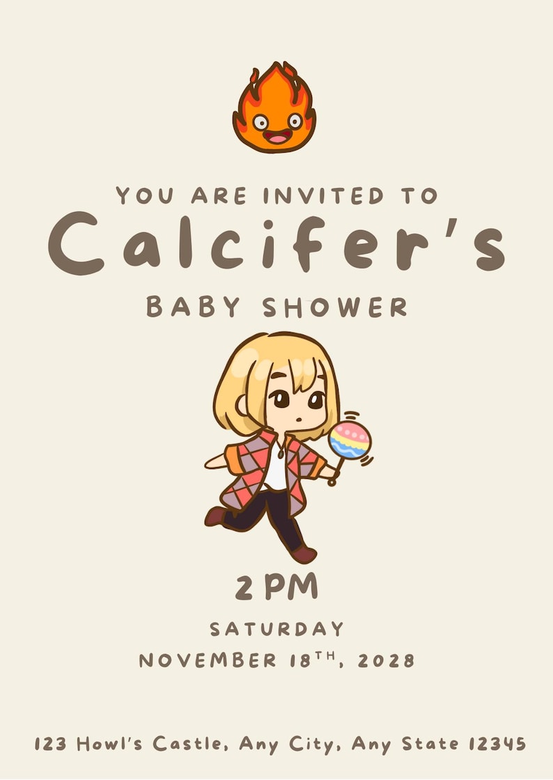 Invitación minimalista para baby shower de Studio Ghibli, Totoro, El parto de Kiki, El castillo de Howl, El viaje de Chihiro, Mononoke, Ponyo, descarga digital imagen 4