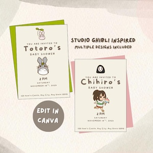 Invitación minimalista para baby shower de Studio Ghibli, Totoro, El parto de Kiki, El castillo de Howl, El viaje de Chihiro, Mononoke, Ponyo, descarga digital imagen 1