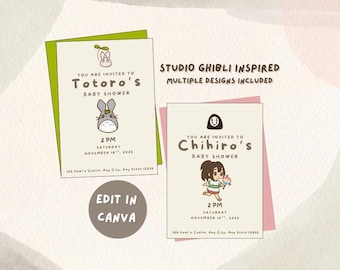 Invitación minimalista para baby shower de Studio Ghibli, Totoro, El parto de Kiki, El castillo de Howl, El viaje de Chihiro, Mononoke, Ponyo, descarga digital