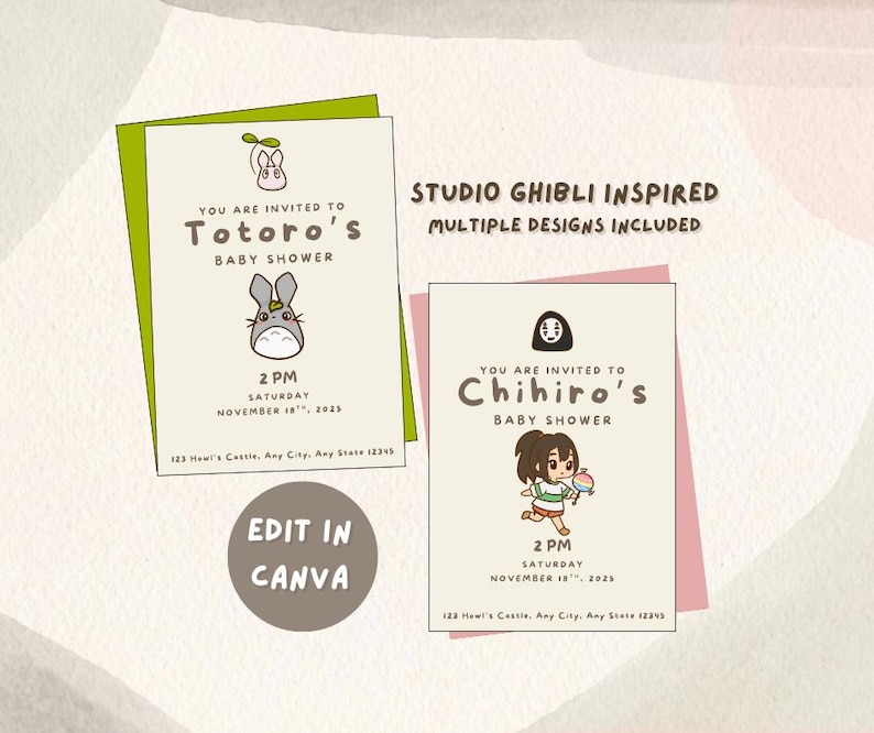 Invitación minimalista para baby shower de Studio Ghibli, Totoro, El parto de Kiki, El castillo de Howl, El viaje de Chihiro, Mononoke, Ponyo, descarga digital imagen 1