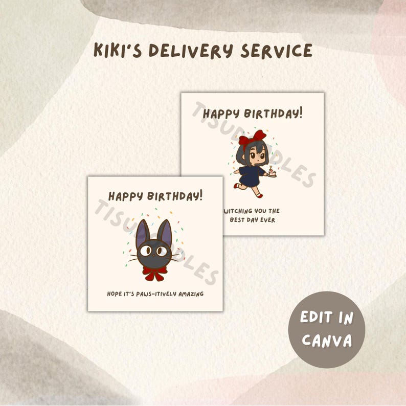 May include: Two square greeting cards with illustrations and text. One card features a black cat with a red bow tie and the text "Happy Birthday! Hope it's paws-itively amazing." The other card shows a girl with a red bow and the text "Happy Birthday! Witching you the best day ever."