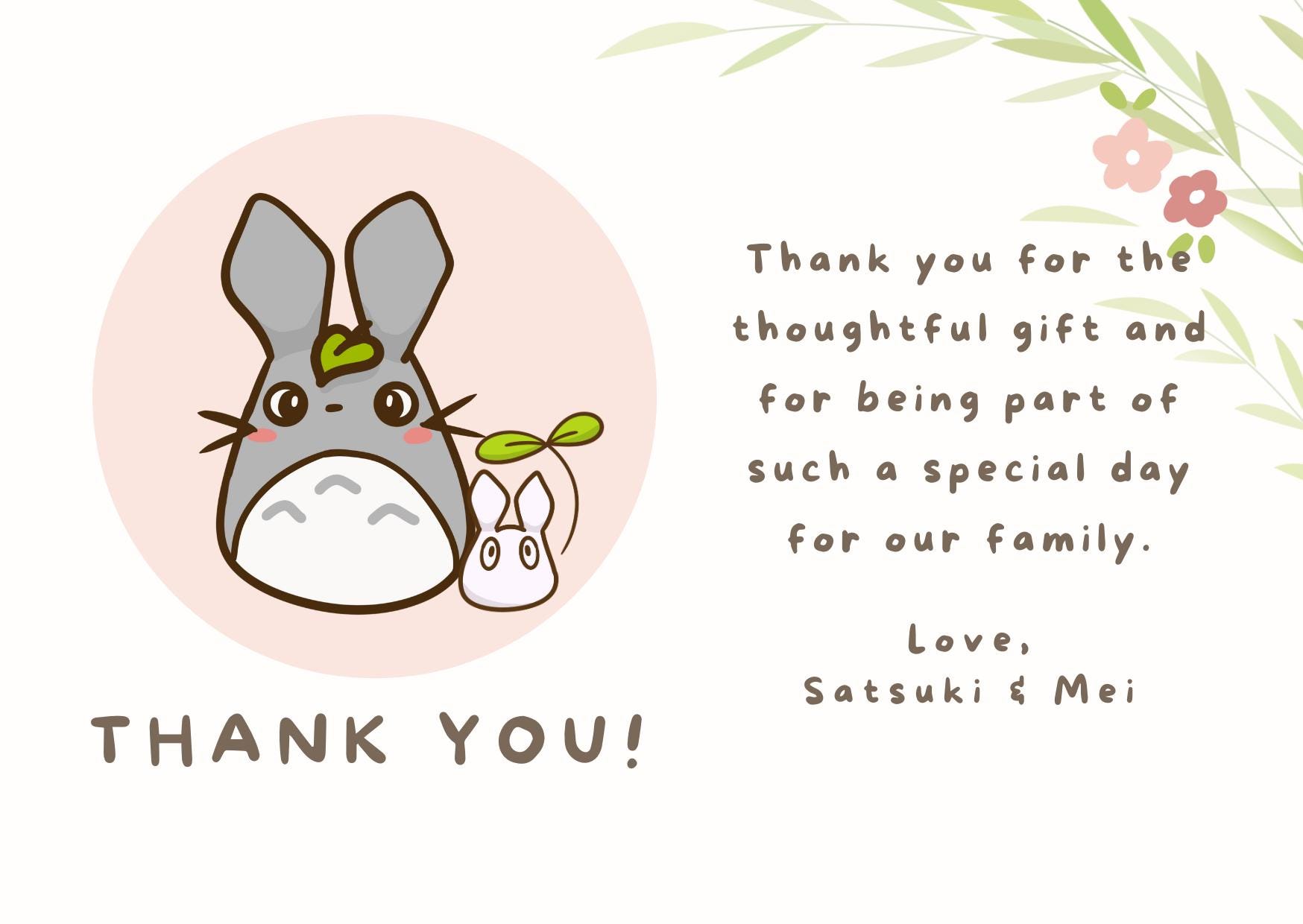 Totoro Thank You Card for Baby Shower Event, Kawaii Chibi Minimalist ...