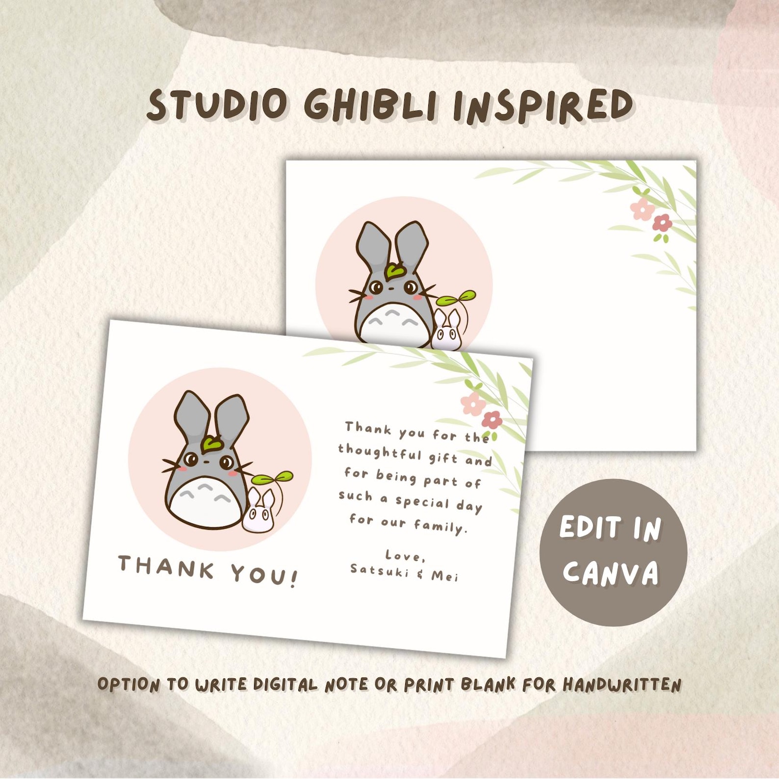 Totoro Thank You Card for Baby Shower Event, Kawaii Chibi Minimalist ...