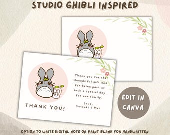 Tarjeta de agradecimiento de Totoro para baby shower, minimalista kawaii chibi, plantilla editable de Canva.