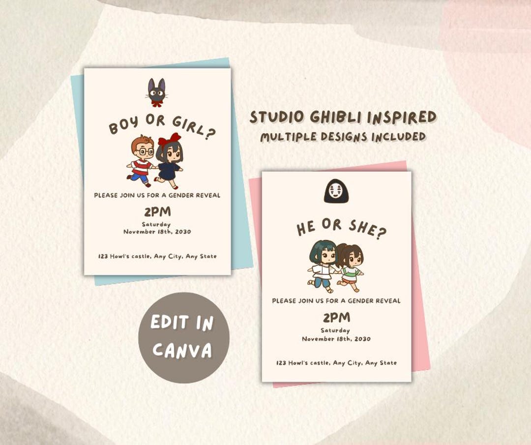 Studio Ghibli Gender Reveal Invitation, Minimalist Chibi, Kiki's ...