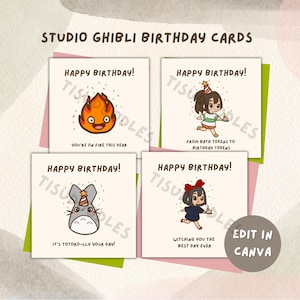 May include: Four Studio Ghibli-themed birthday cards with illustrations of characters and birthday messages. Each card features a different character and a unique message, including a fire spirit, a girl with a cake, Totoro, and a witch. The cards are on a light background.