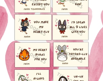 Tarjeta imprimible de San Valentín de Studio Ghibli, minimalista, Totoro, La entrega de Kiki, El castillo de Howl, El viaje de Chihiro, Mononoke, descarga digital