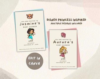 Invitación para baby shower de princesas Disney, estilo kawaii chibi minimalista, Cenicienta, La Bella Durmiente, La Sirenita, Aladdin, Mulan, La Bella y la Bestia.