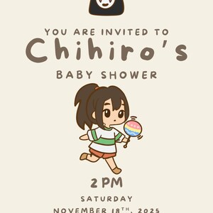 Puede incluir: Invitaci&oacute;n para el baby shower de Chihiro. El dise&ntilde;o presenta una ilustraci&oacute;n de dibujos animados de una ni&ntilde;a con un sonajero colorido, con el texto "Chihiro's BABY SHOWER" y detalles del evento: s&aacute;bado 18 de noviembre de 2025, a las 2 PM.