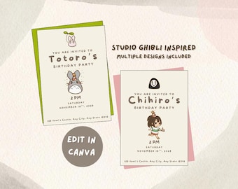 Studio Ghibli Birthday Party Invitation, Minimalist, Totoro, Kiki's Delivery, Howl's Castle, Spirited Away, Mononoke, Ponyo Digital Download