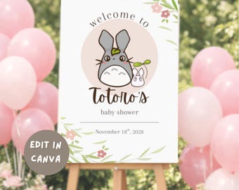 Letrero de bienvenida para baby shower de Totoro, pancarta minimalista para fiesta kawaii chibi, plantilla editable de Canva, Studio Ghibli