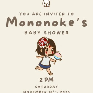 Puede incluir: Una invitaci&oacute;n a un baby shower con el texto "Mononoke's Baby Shower". La invitaci&oacute;n presenta una ilustraci&oacute;n de dibujos animados de un personaje sosteniendo una sonaja. La fecha y la hora tambi&eacute;n est&aacute;n incluidas: s&aacute;bado 18 de noviembre de 2025 a las 2 PM.