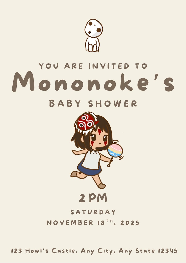 Puede incluir: Una invitaci&oacute;n a un baby shower con el texto "Mononoke's Baby Shower". La invitaci&oacute;n presenta una ilustraci&oacute;n de dibujos animados de un personaje sosteniendo una sonaja. La fecha y la hora tambi&eacute;n est&aacute;n incluidas: s&aacute;bado 18 de noviembre de 2025 a las 2 PM.