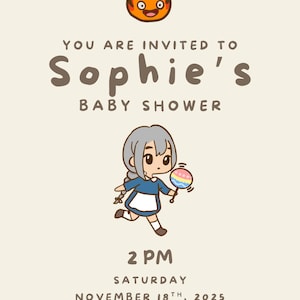 Puede incluir: Invitaci&oacute;n a un baby shower con una ilustraci&oacute;n de dibujos animados de un personaje sosteniendo un sonajero colorido. La invitaci&oacute;n dice: "Est&aacute;s invitado/a al baby shower de Sophie" con la fecha y hora: s&aacute;bado 18 de noviembre de 2025 a las 2 PM.