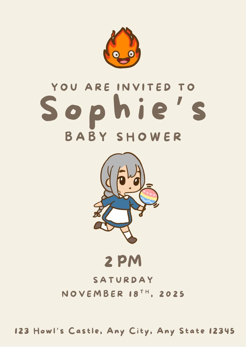 Puede incluir: Invitaci&oacute;n a un baby shower con una ilustraci&oacute;n de dibujos animados de un personaje sosteniendo un sonajero colorido. La invitaci&oacute;n dice: "Est&aacute;s invitado/a al baby shower de Sophie" con la fecha y hora: s&aacute;bado 18 de noviembre de 2025 a las 2 PM.