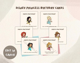 Disney Princess Birthday Kawaii Chibi Minimalist Greeting Card, Cinderella Sleeping Beauty Jasmine Ariel Mulan, Digital Download