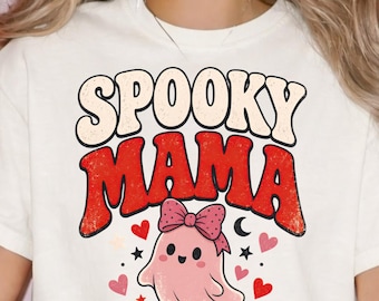 Spooky Mama Retro Ghost T-Shirt, Halloween Coquette Mom Tee