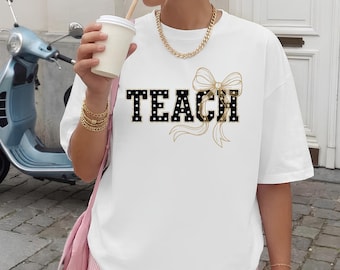TEACH Bow Shirt, Coquette Teacher Tee, Comfort Colors Garment-Dyed T-Shirt