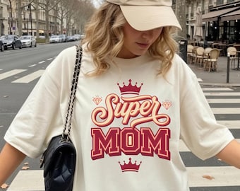 Comfort Colors Super Mom Shirt, Varsity Style, Crown Diamond Accents, Mother's Day Tee
