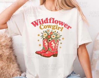Wildflower Cowgirl Boots Comfort Colors T-Shirt, Boho Western Tee