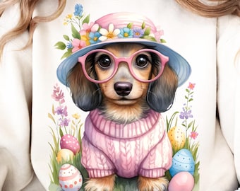 Easter Dachshund PNG: Spring Puppy with Floral Hat (Digital Download)