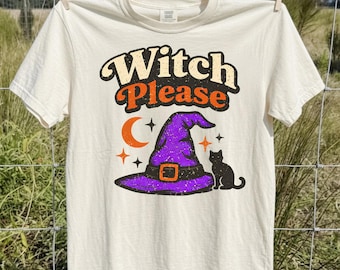 Retro Witch Please Shirt, Halloween Black Cat Witch Hat Tee