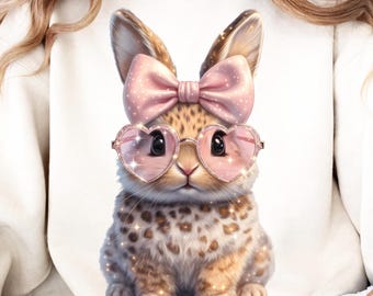 Easter Bunny PNG, Coquette Leopard Bunny Sublimation Design, Bow Glasses Spring Graphic, Digital Download