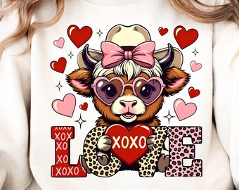 Valentine Highland Cow PNG, Heart Love Design (Digital Download)