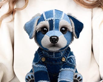 Denim Patchwork Puppy Clipart: Blue Jean Textile Dog Graphic (Digital Download)